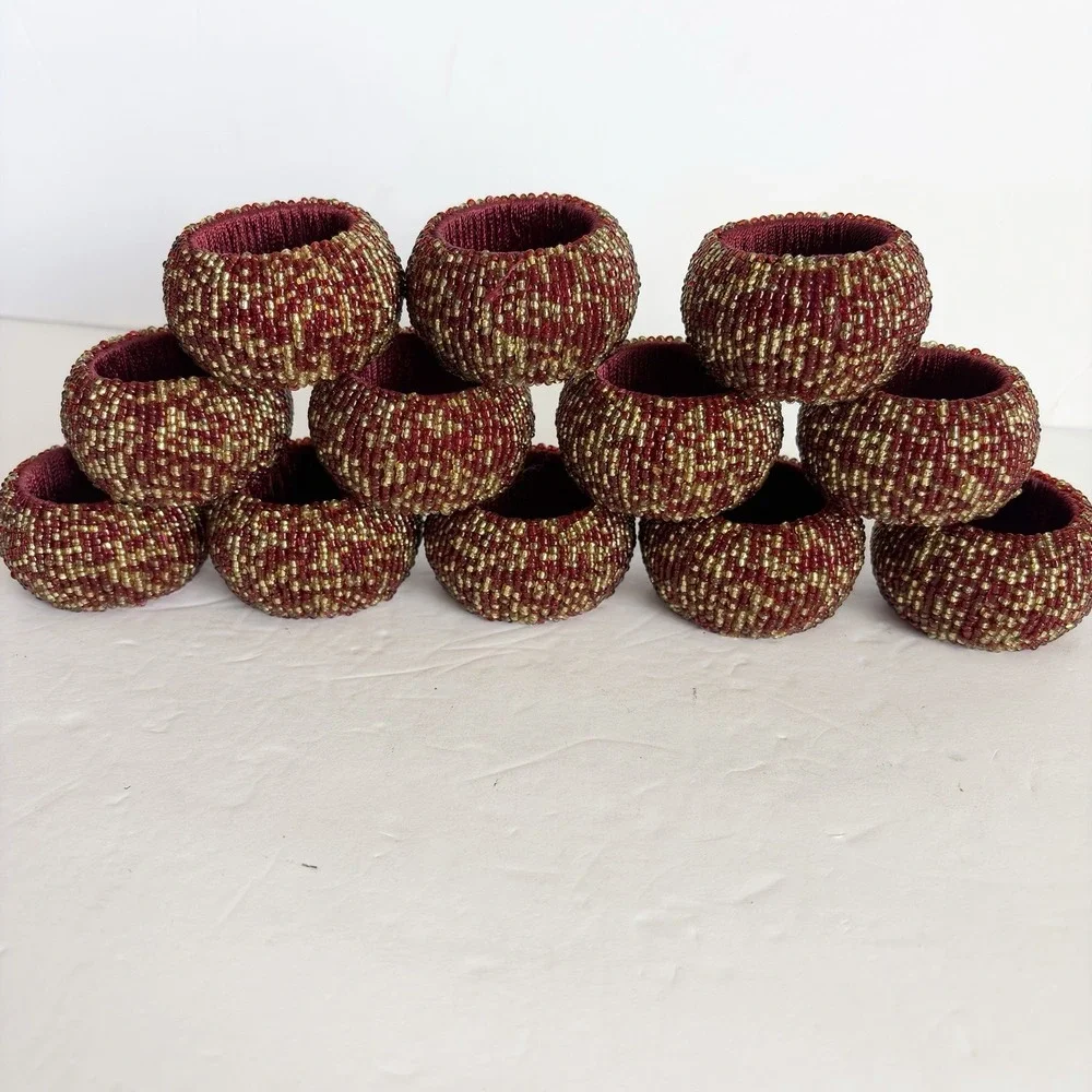 Sparkling Burgundy Red Gold Seed Beaded Napkin Rings Set of 12 Holiday Christmas